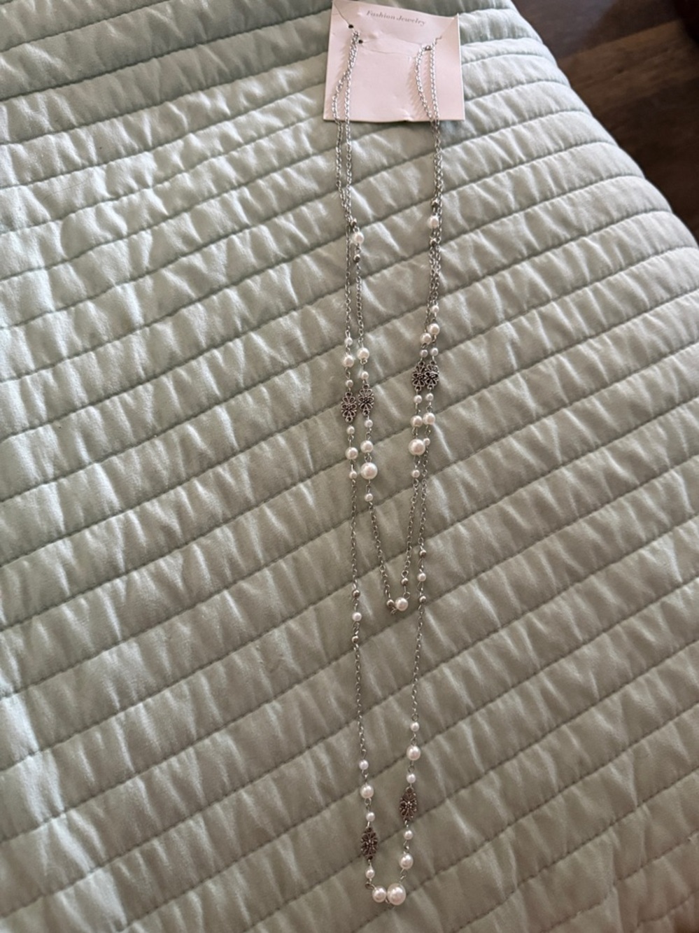 Silver and White Pearl Long Layered 2 strand Necklaces